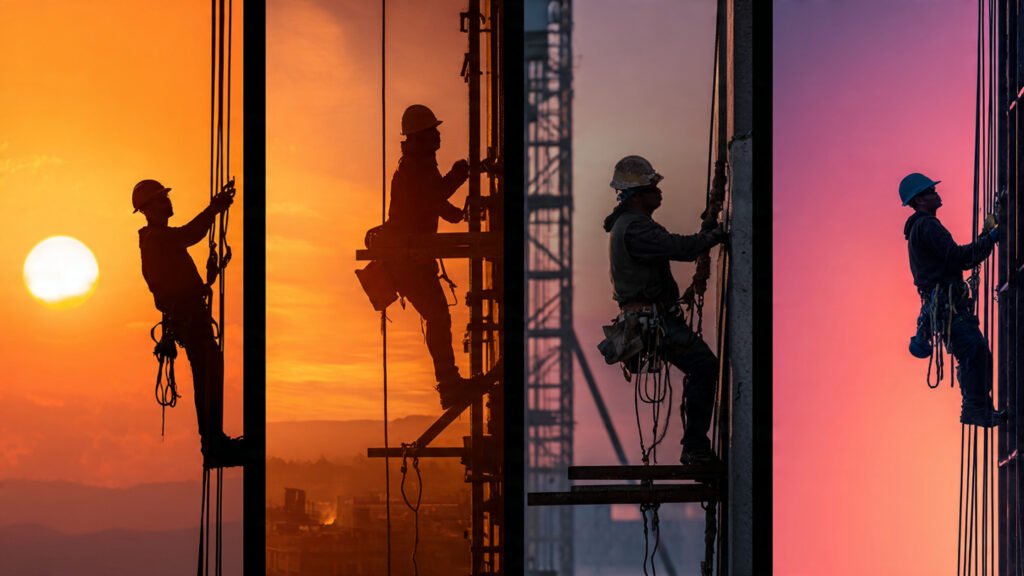 construction workers working in different settings and (1)