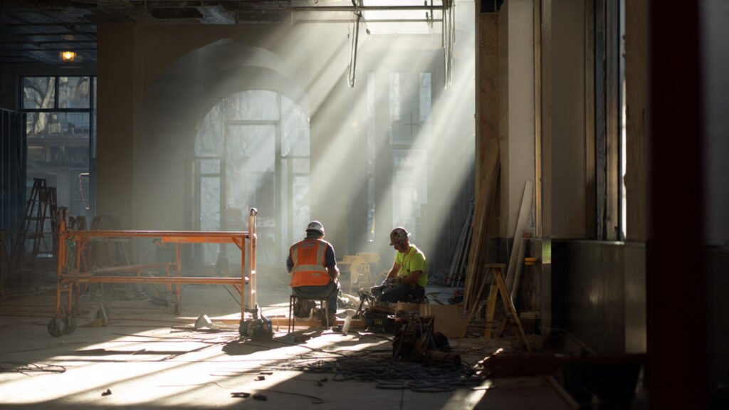 construction workers working in different settings and